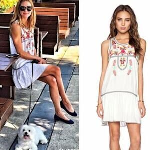 Lovers + Friends White Embroidered Boho Drop Waist Babydoll Mini Dress Tunic XS